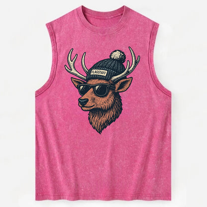 Flagstaff Elk wearing Flagstaff beanie with pom pom and wayfarer sunglasses - Vintage Washed Tank - Pink
