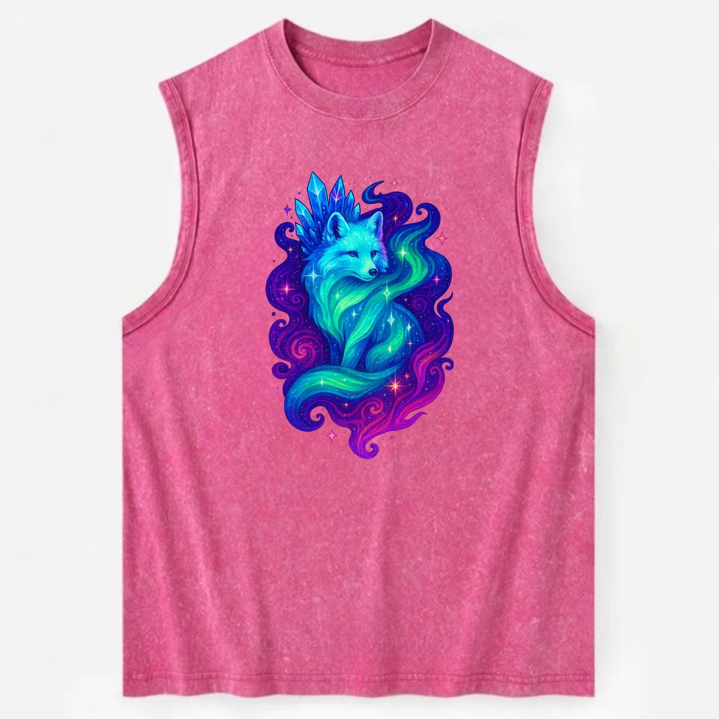Ethereal arctic fox with fur that transforms into crystal formations, - Vintage Washed Tank - Pink