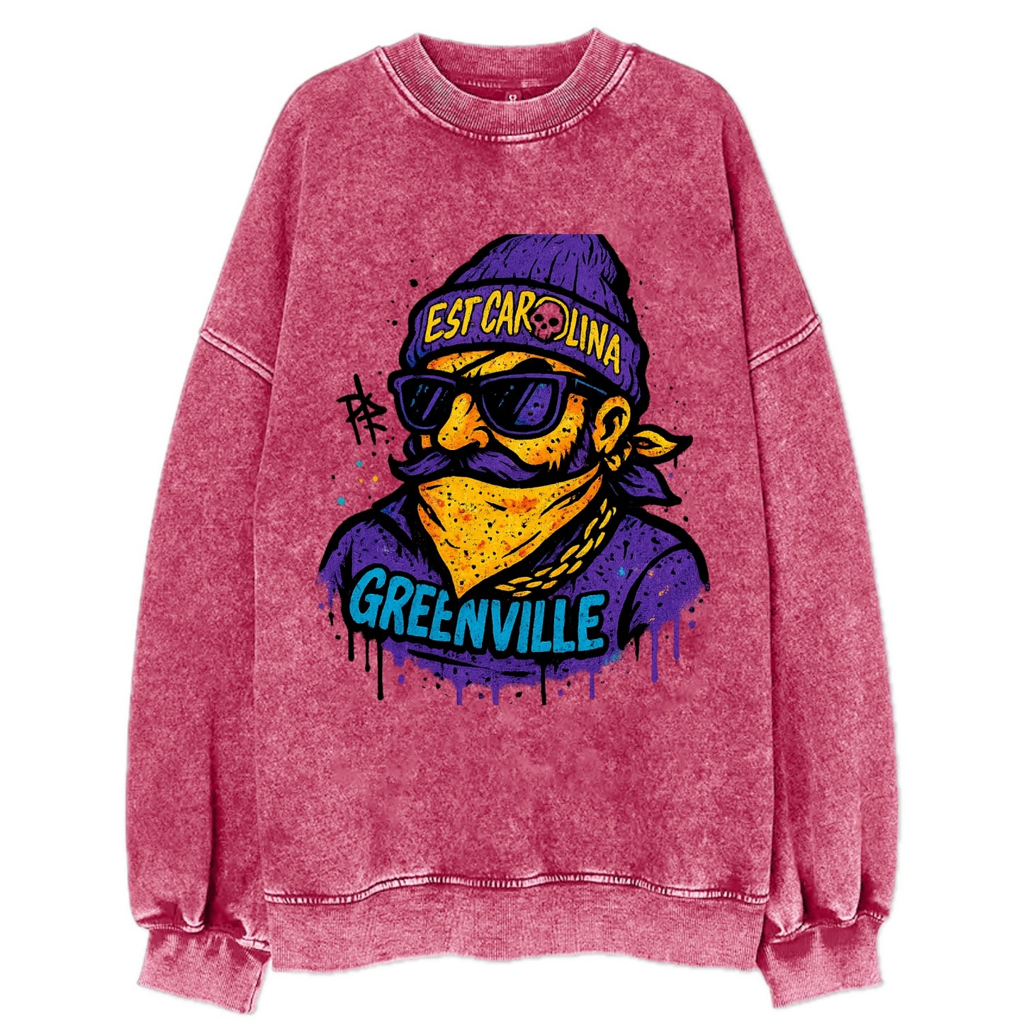 Greenville Pirate wearing East Carolina beanie with skull patch - Vintage Sweatshirt - Pink