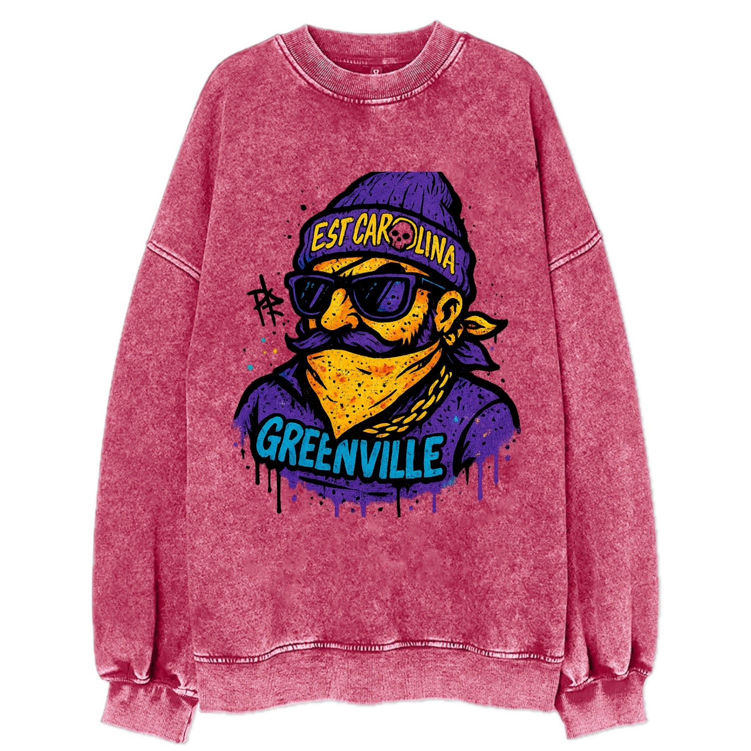Greenville Pirate wearing East Carolina beanie with skull patch - Vintage Sweatshirt - Pink