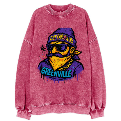 Greenville Pirate wearing East Carolina beanie with skull patch - Vintage Sweatshirt - Pink