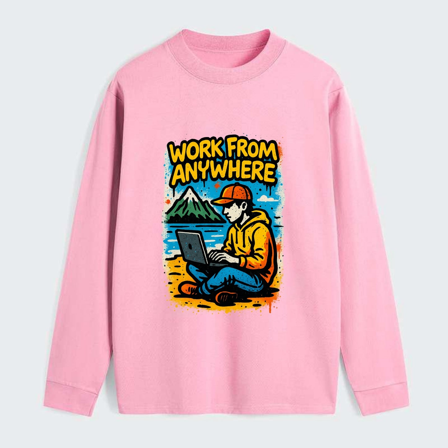 Digital nomad with laptop on beach/mountain - work from anywhere - Classic Long Sleeve Shirt - Pink