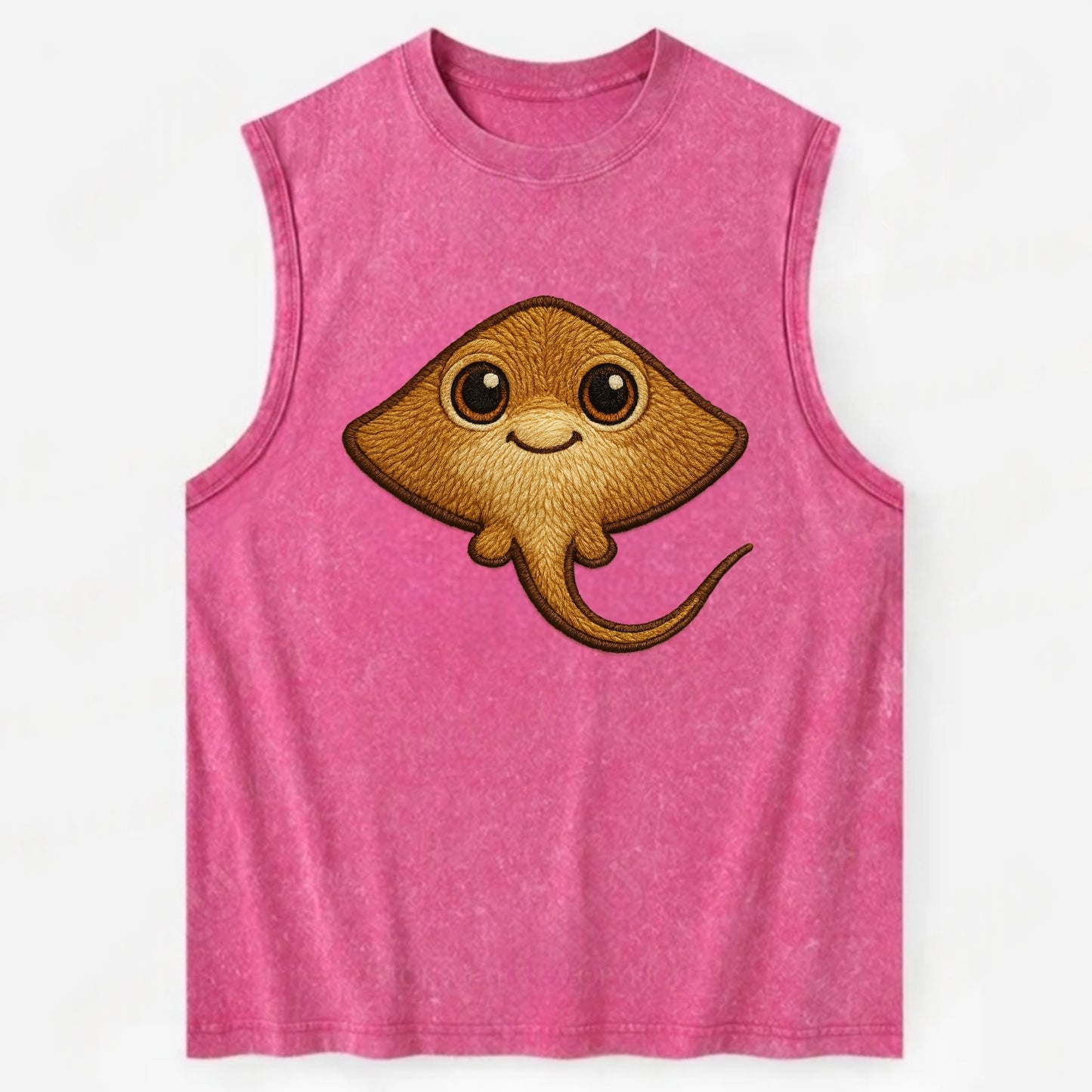 Baby Stingray - flat body, long tail, eyes on top, front-facing, friendly - Vintage Washed Tank - Pink