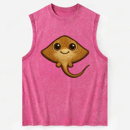 Baby Stingray - flat body, long tail, eyes on top, front-facing, friendly - Vintage Washed Tank - Pink