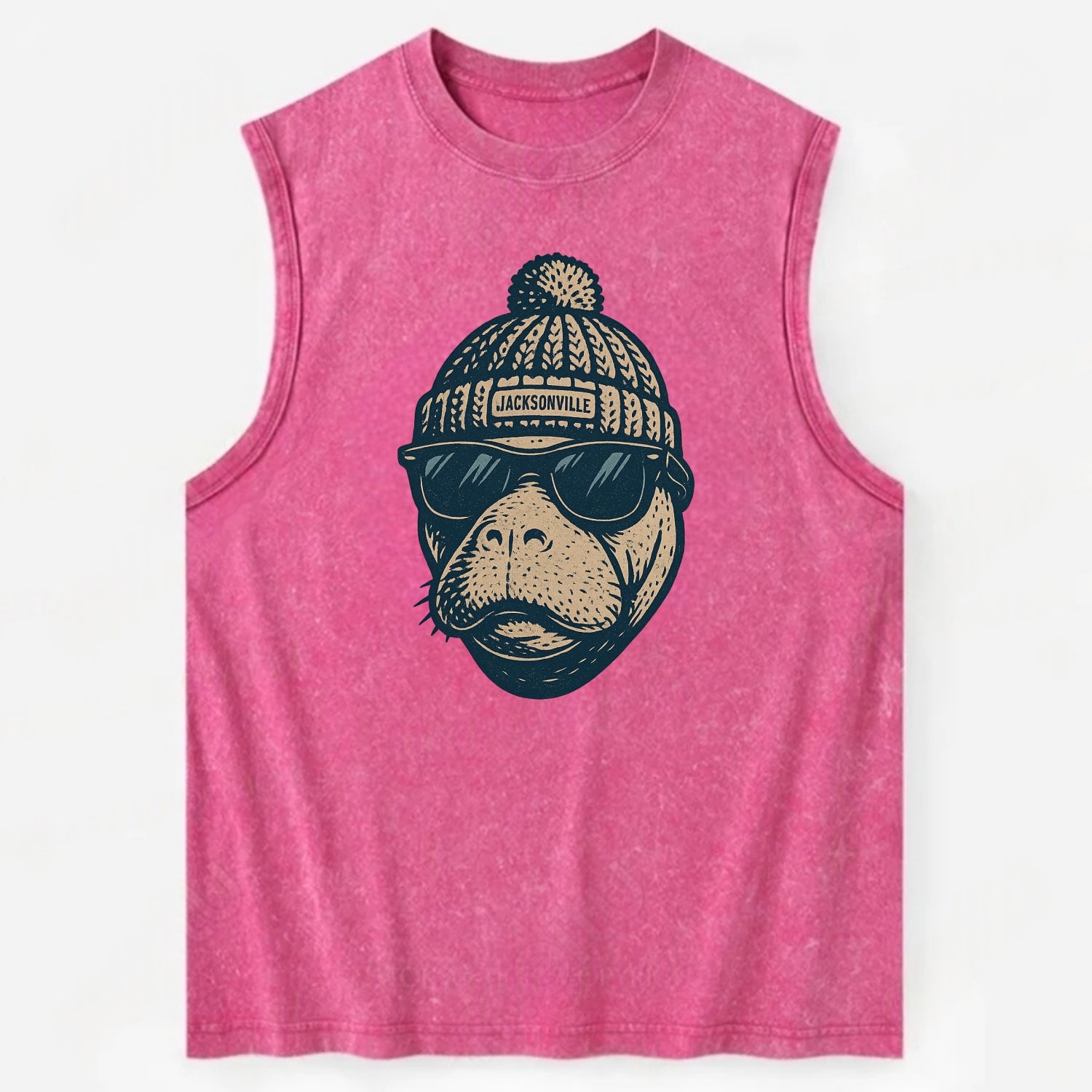 Jacksonville Manatee wearing Jacksonville beanie with pom pom and wayfarer - Vintage Washed Tank - Pink