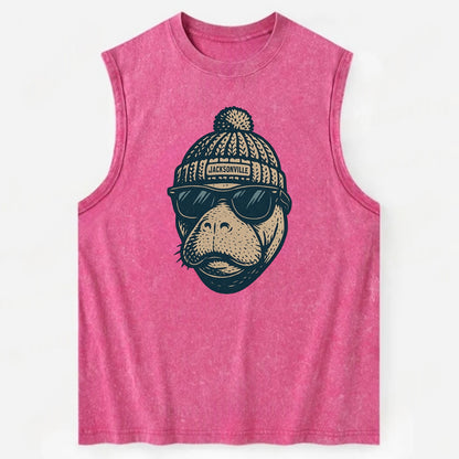 Jacksonville Manatee wearing Jacksonville beanie with pom pom and wayfarer - Vintage Washed Tank - Pink