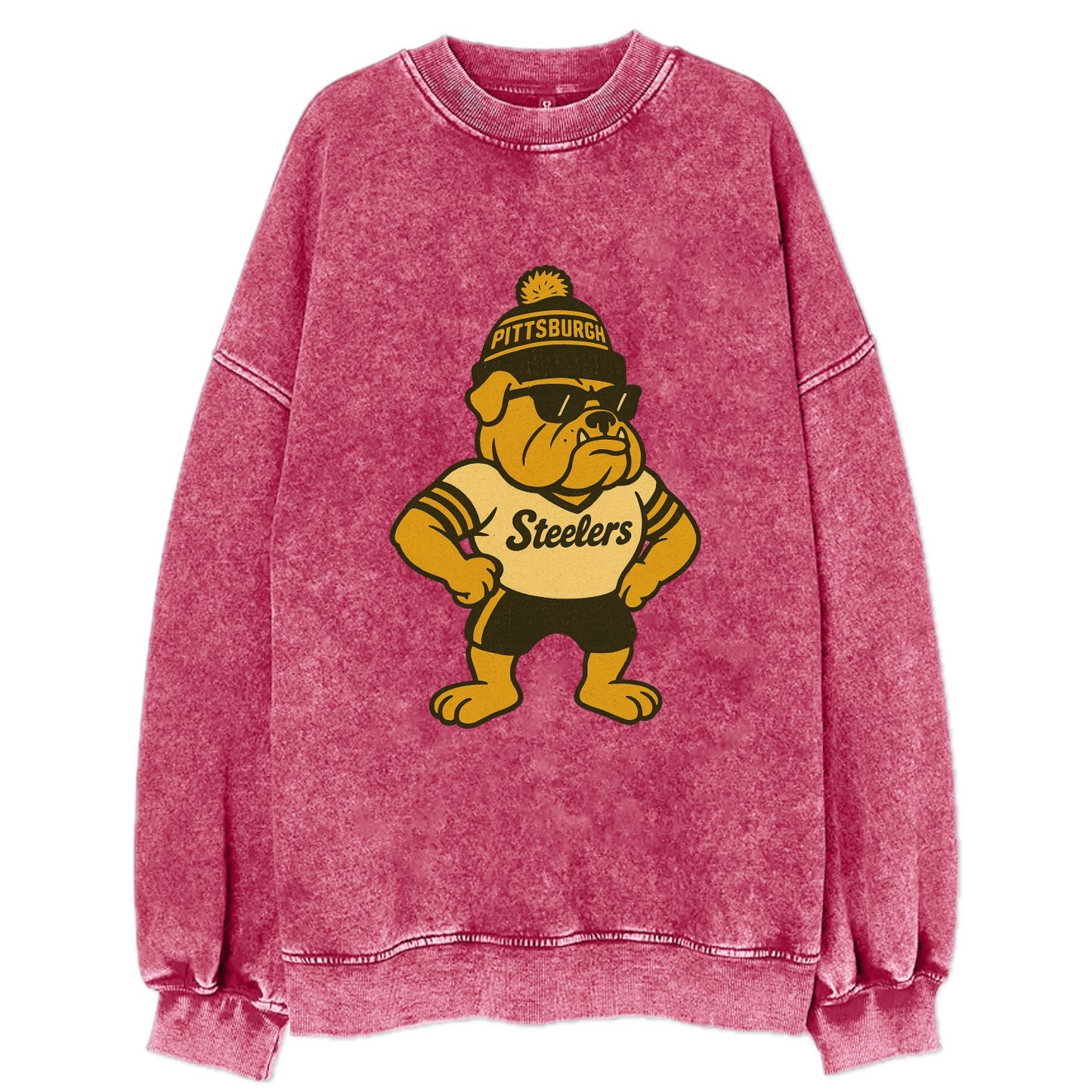 Pittsburgh Bulldog wearing Steelers black and gold beanie with pom pom and - Vintage Sweatshirt - Pink