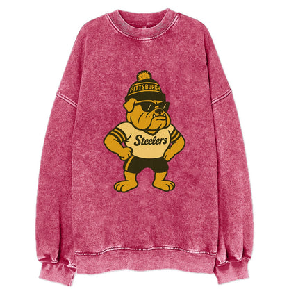 Pittsburgh Bulldog wearing Steelers black and gold beanie with pom pom and - Vintage Sweatshirt - Pink