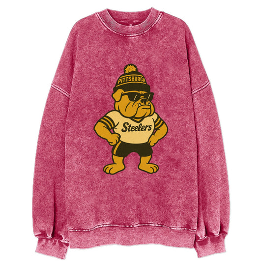 Pittsburgh Bulldog wearing Steelers black and gold beanie with pom pom and - Vintage Sweatshirt - Pink