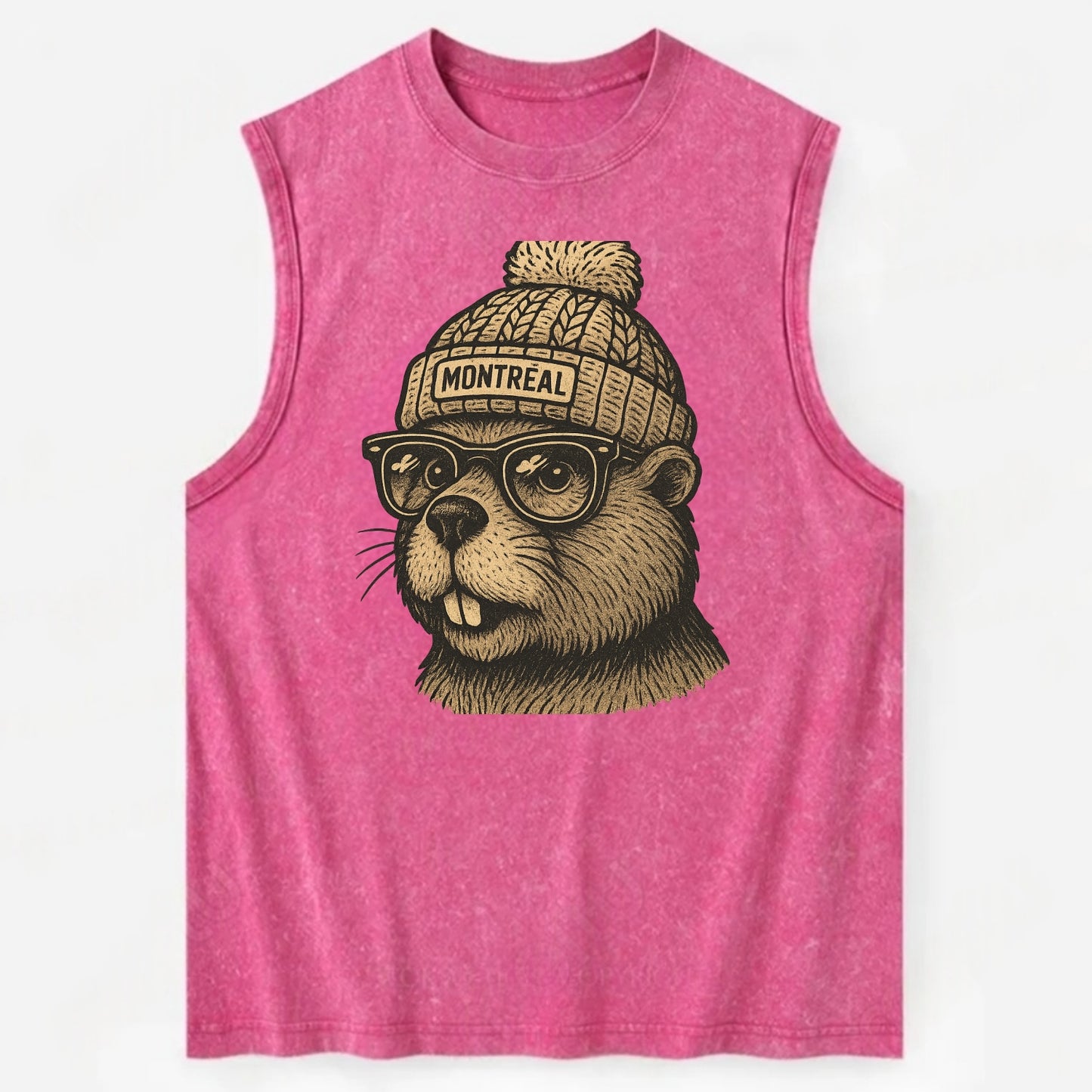 Montreal Beaver wearing Montreal beanie with pom pom and wayfarer sunglasses - Vintage Washed Tank - Pink