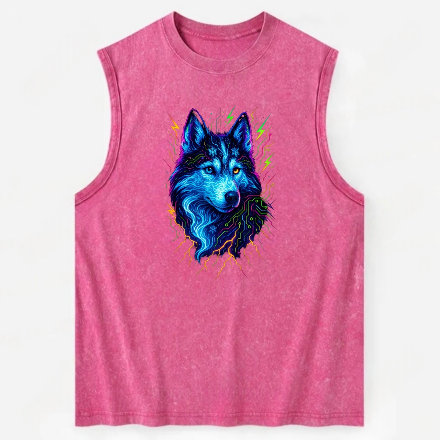 Siberian husky with ice-crystal flowing patterns, electric blue and white - Vintage Washed Tank - Pink