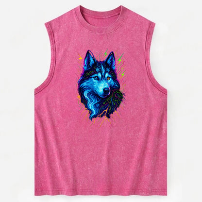 Siberian husky with ice-crystal flowing patterns, electric blue and white - Vintage Washed Tank - Pink