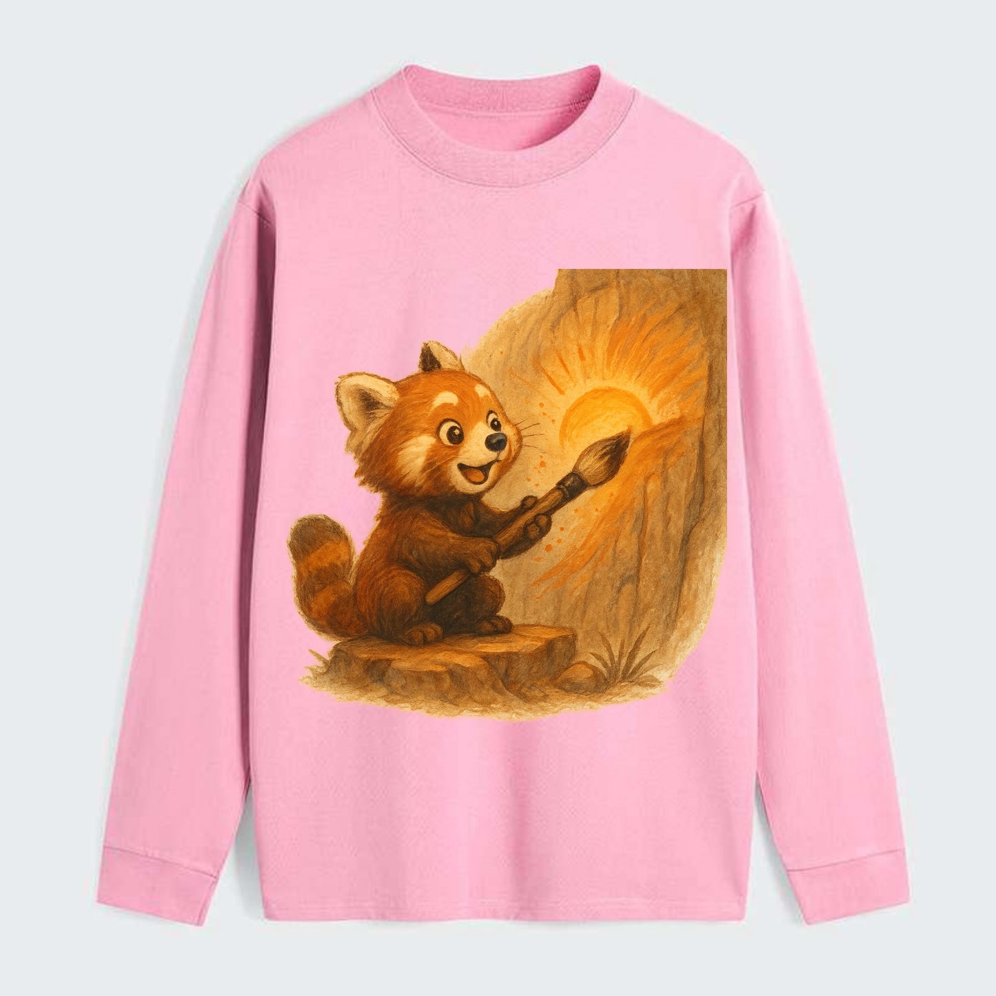 Red panda painting a sunrise mural with an oversized calligraphy brush - Classic Long Sleeve Shirt - Pink