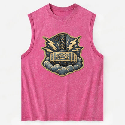 THOR HAMMER MJOLNIR - mighty hammer in silver and blue , thunder god - Vintage Washed Tank - Pink