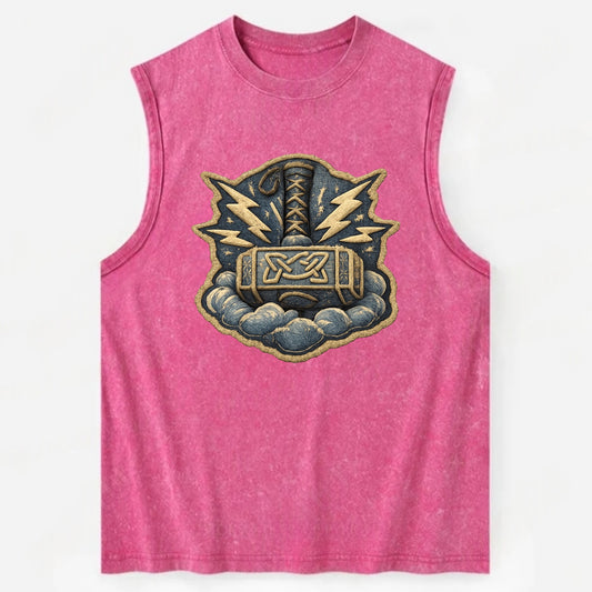 THOR HAMMER MJOLNIR - mighty hammer in silver and blue , thunder god - Vintage Washed Tank - Pink