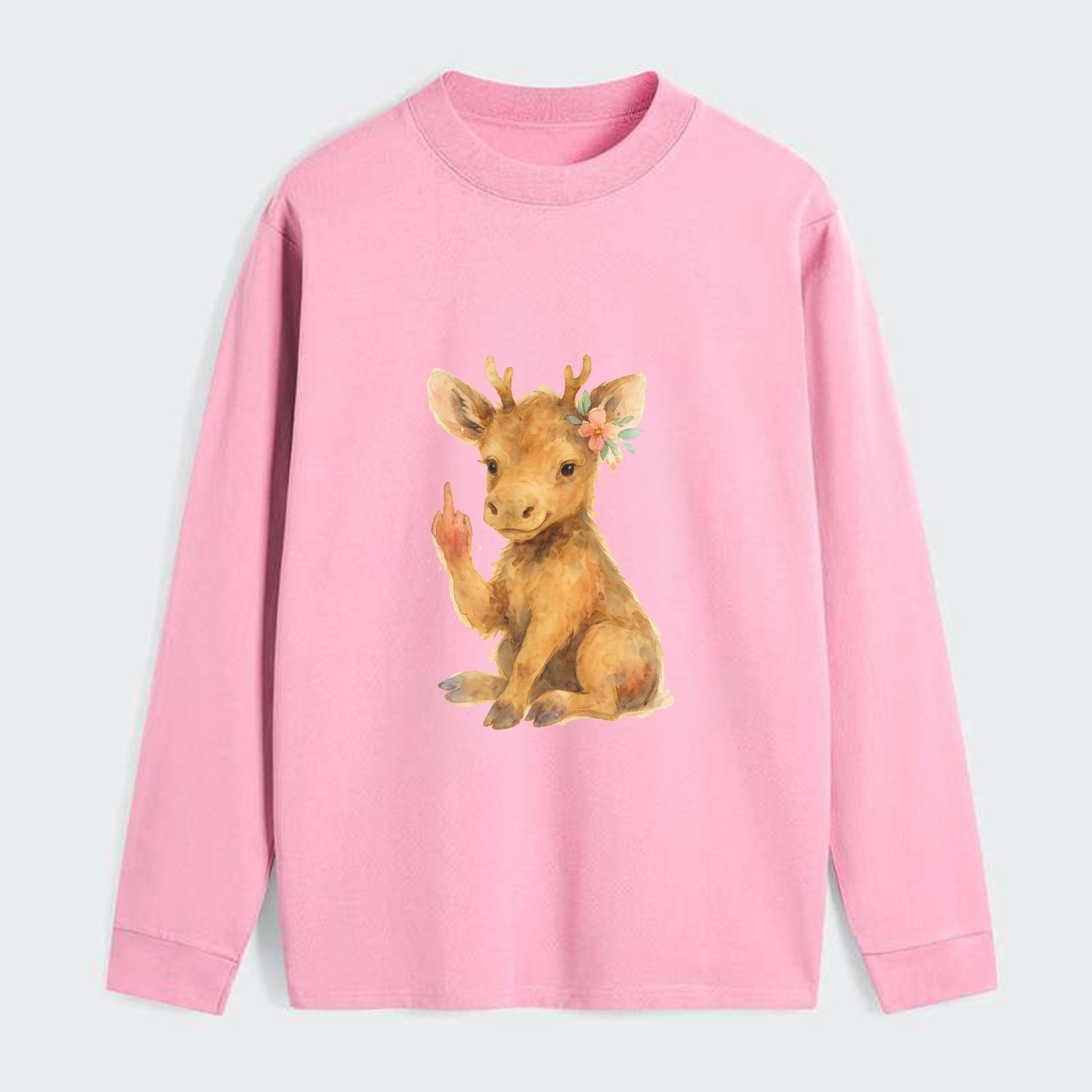 baby moose with adorable tiny antlers, one hoof raised in attitude - Classic Long Sleeve Shirt - Pink