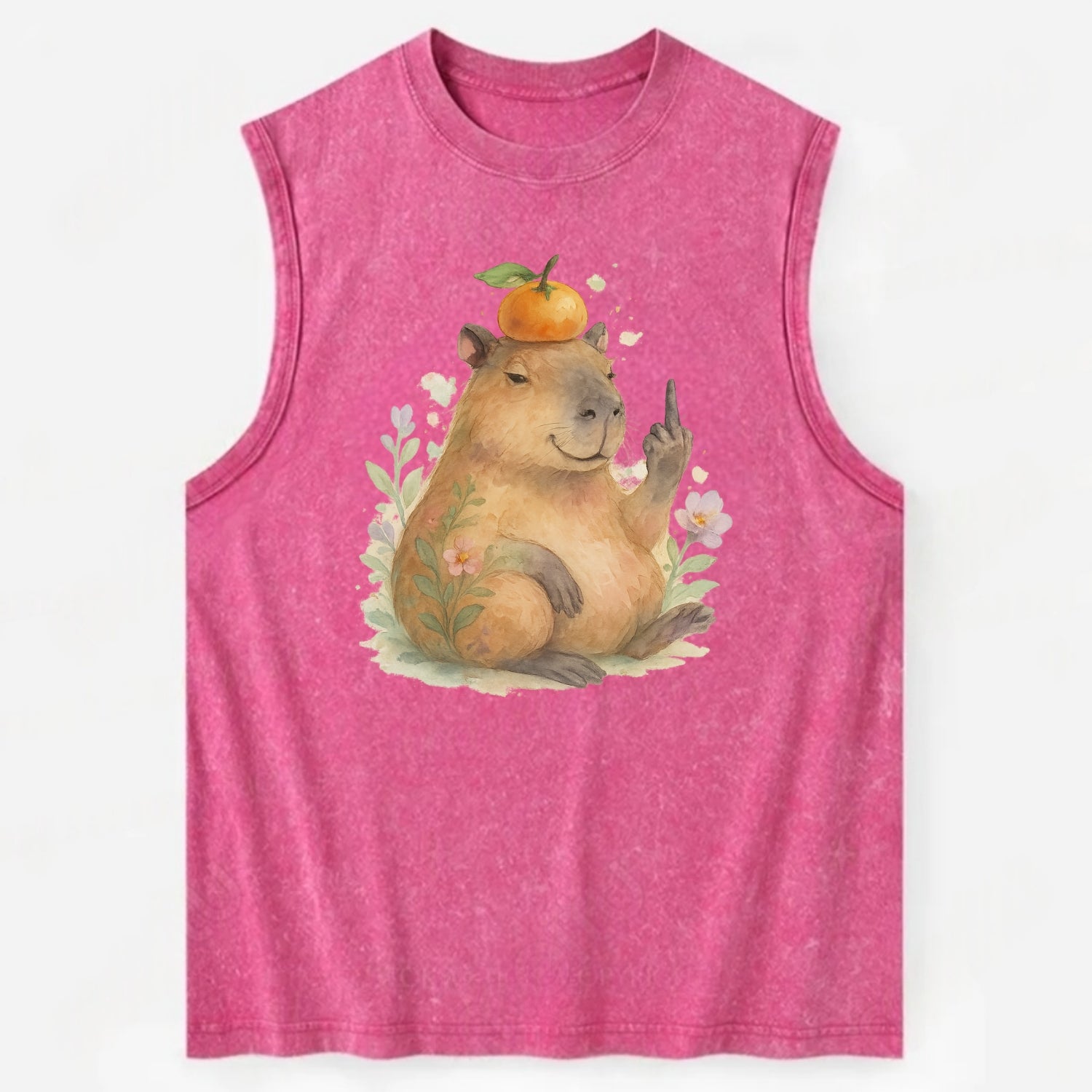 chonky capybara relaxing with orange on head, one webbed middle finger up - Vintage Washed Tank - Pink