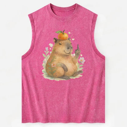 chonky capybara relaxing with orange on head, one webbed middle finger up - Vintage Washed Tank - Pink