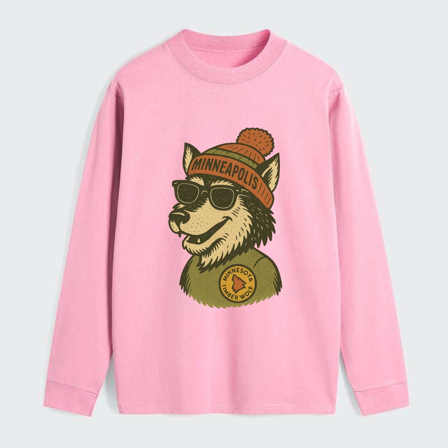 Minnesota Timber Wolf wearing Minneapolis beanie with pom pom and - Classic Long Sleeve Shirt - Pink