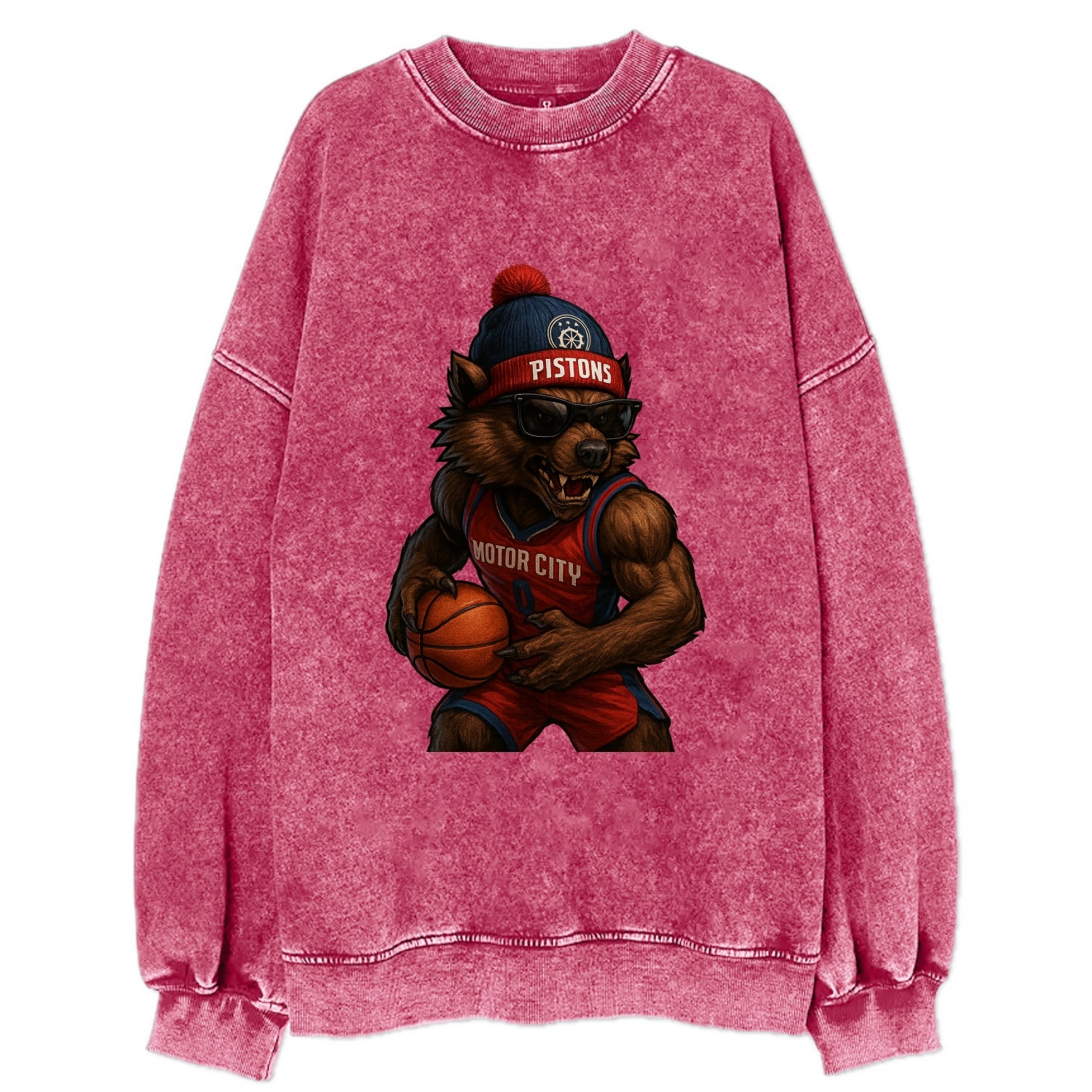 Motor City Wolverine wearing Pistons beanie with gear patch and wayfarer - Vintage Sweatshirt - Pink