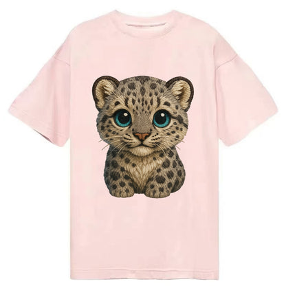 Baby Snow Leopard Cub - gray spotted, thick fur, blue-green eyes, front-facing, - Classic T-shirt - Pink