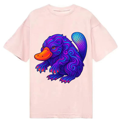 Quirky platypus with bill glowing in neon orange, beaver tail with holographic - Classic T-shirt - Pink