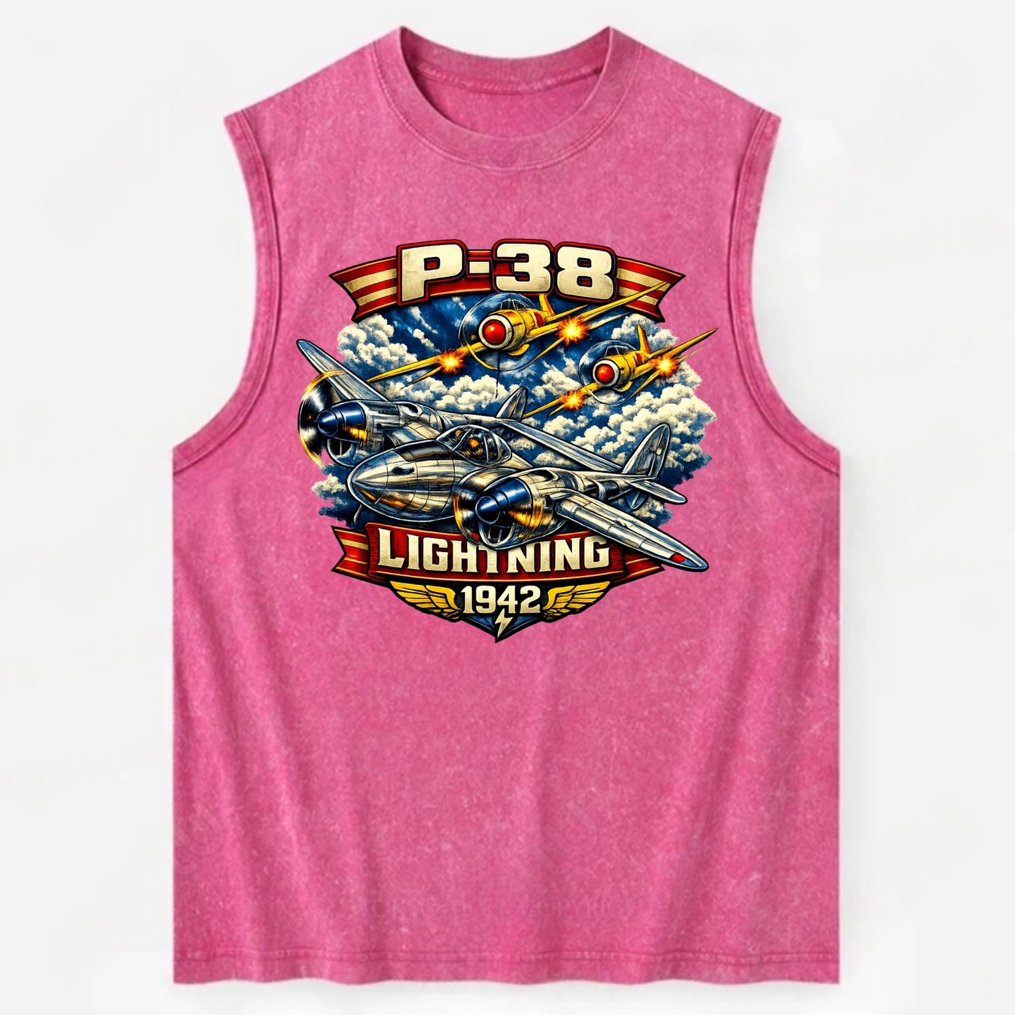P 38 Lightning - Vintage Washed Tank - Pink