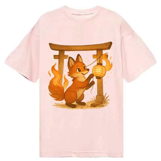 Foxfire kitsune stringing lanterns along a torii gate with tails of living flame - Classic T-shirt - Pink
