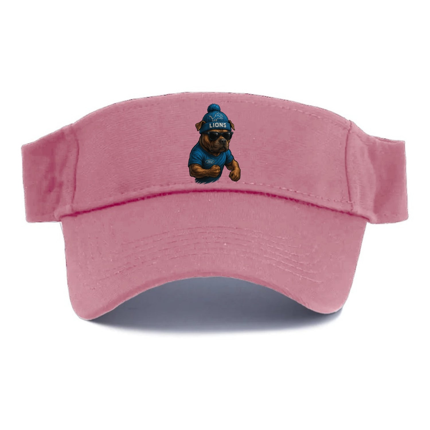 Detroit Pitbull wearing Lions beanie with auto patch and wayfarer sunglasses - Visor - Pink