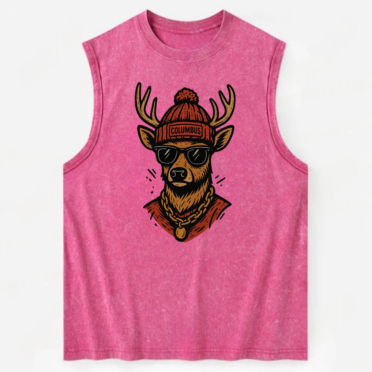 Columbus White-tailed Deer wearing Columbus beanie with pom pom and wayfarer - Vintage Washed Tank - Pink