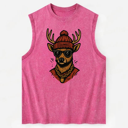Columbus White-tailed Deer wearing Columbus beanie with pom pom and wayfarer - Vintage Washed Tank - Pink
