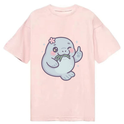 chubby manatee munching on seagrass, one flipper raised with sass - Classic T-shirt - Pink