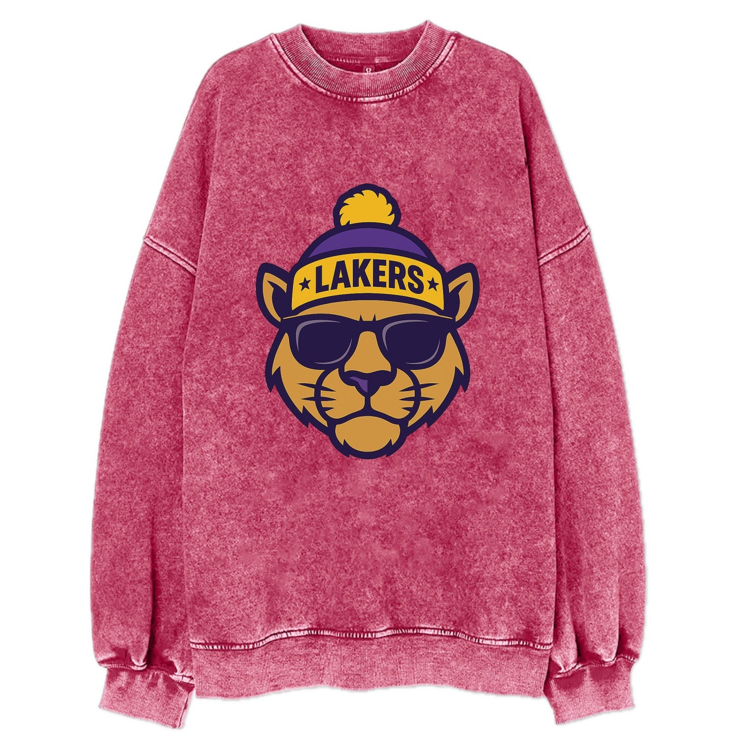 LA Mountain Lion wearing Lakers purple and gold beanie with championship stars - Vintage Sweatshirt - Pink