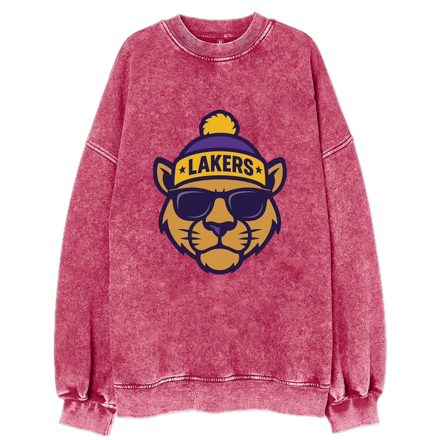 LA Mountain Lion wearing Lakers purple and gold beanie with championship stars - Vintage Sweatshirt - Pink