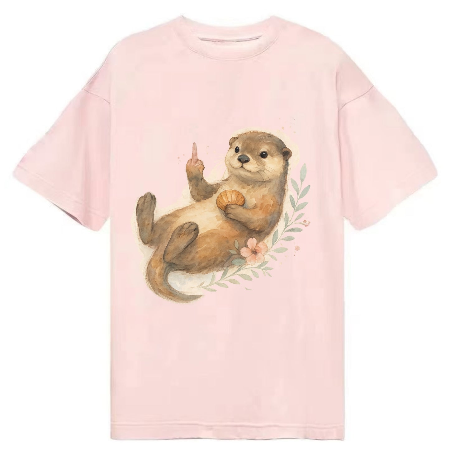 adorable otter floating on back, middle finger up while holding a shellfish - Classic T-shirt - Pink
