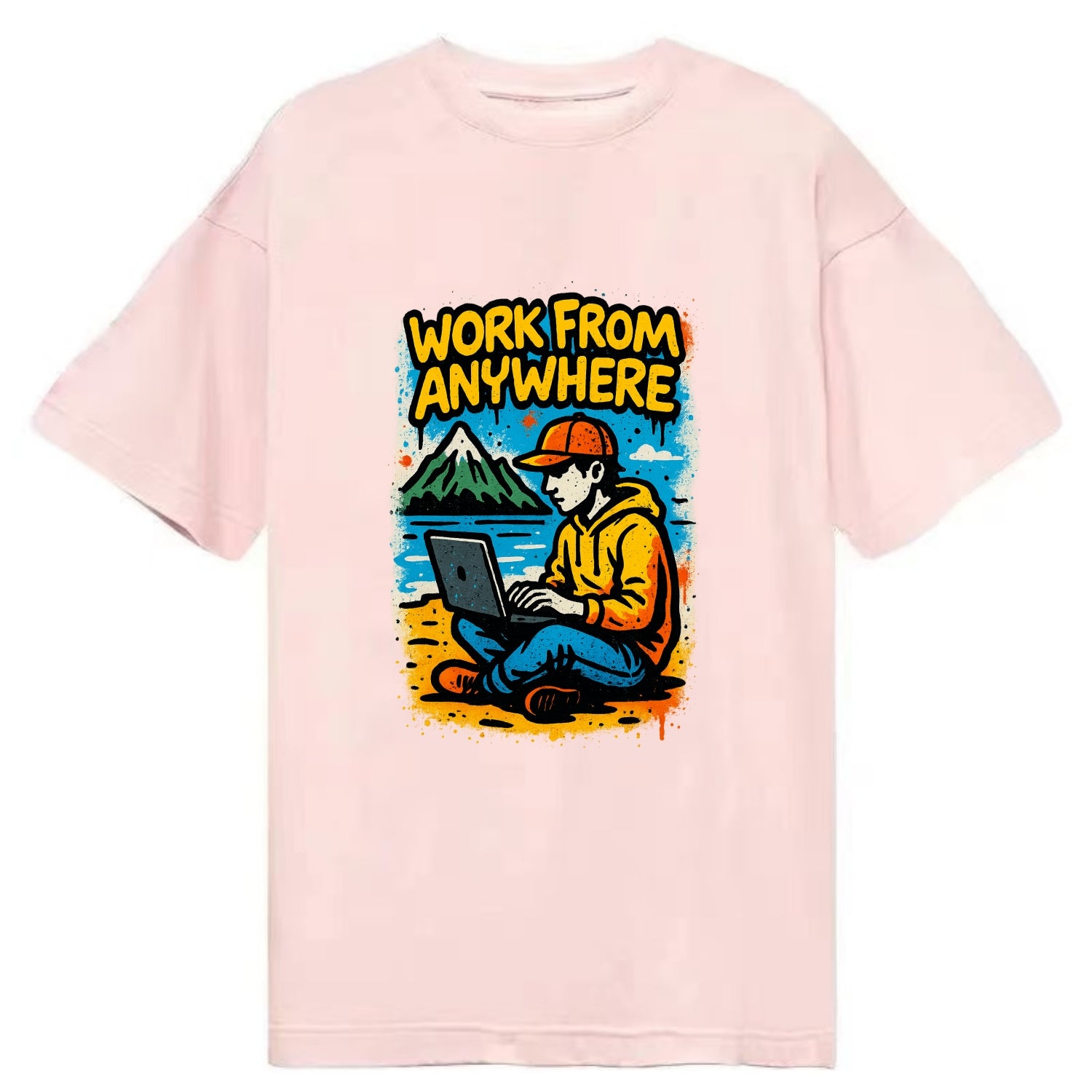 Digital nomad with laptop on beach/mountain - work from anywhere lifestyle, - Classic T-shirt - Pink