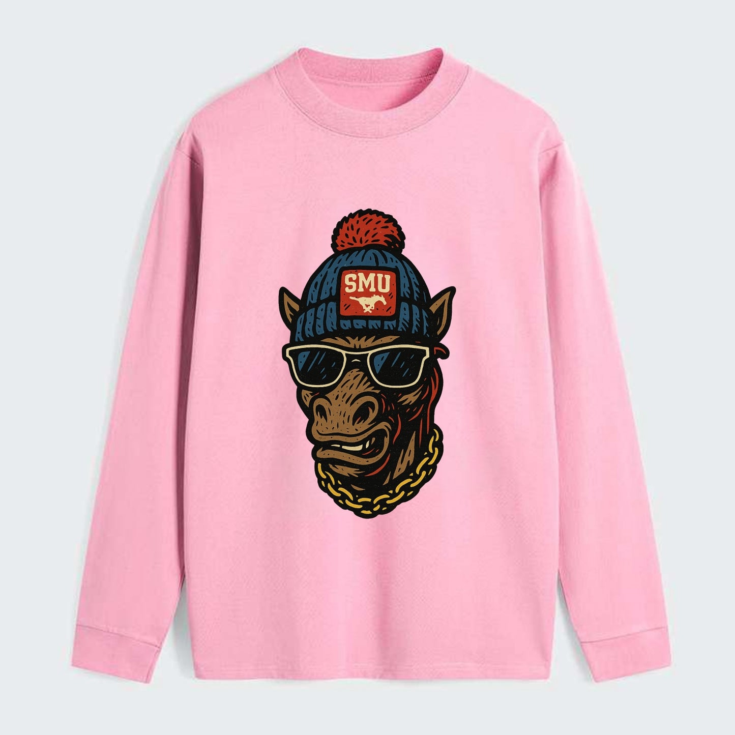 Dallas Mustang wearing SMU beanie with pony patch - Classic Long Sleeve Shirt - Pink