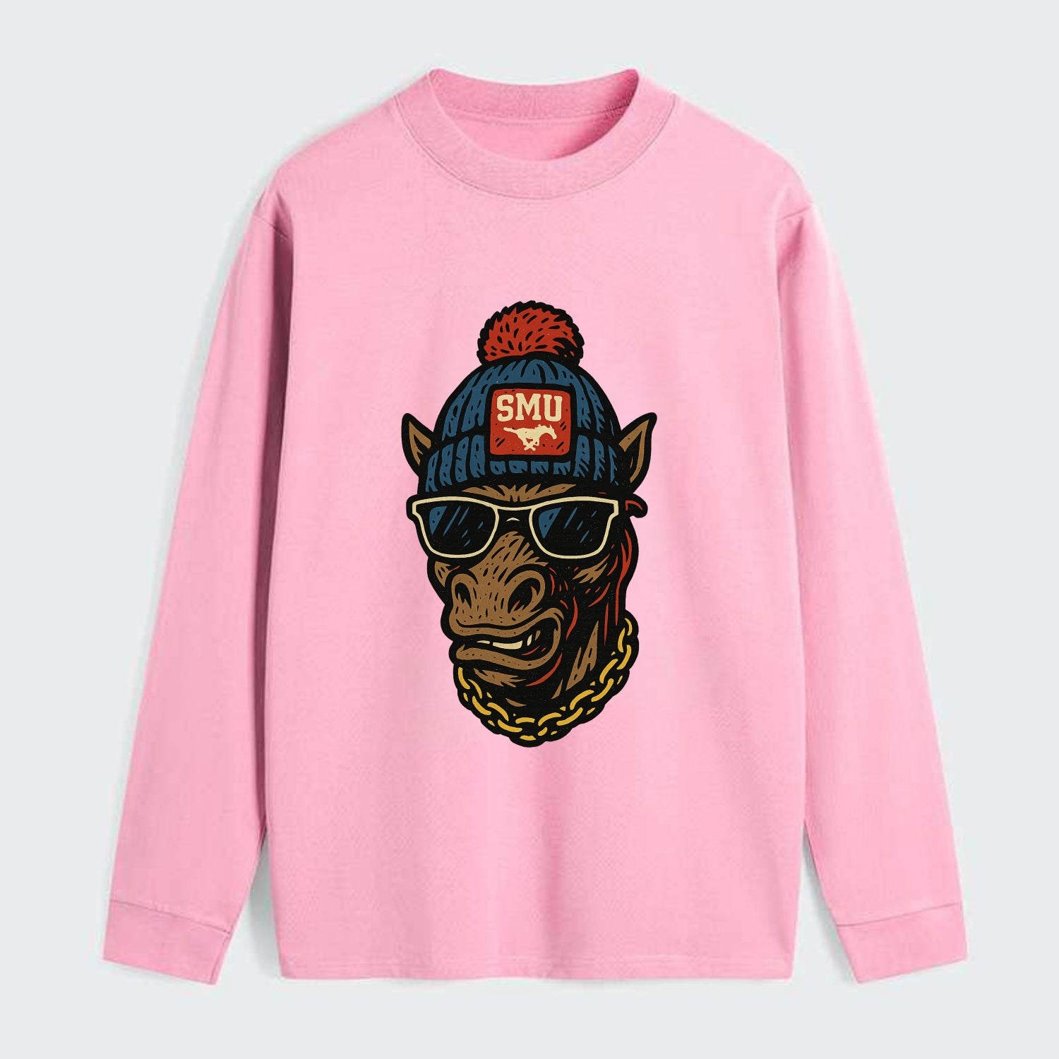 Dallas Mustang wearing SMU beanie with pony patch - Classic Long Sleeve Shirt - Pink