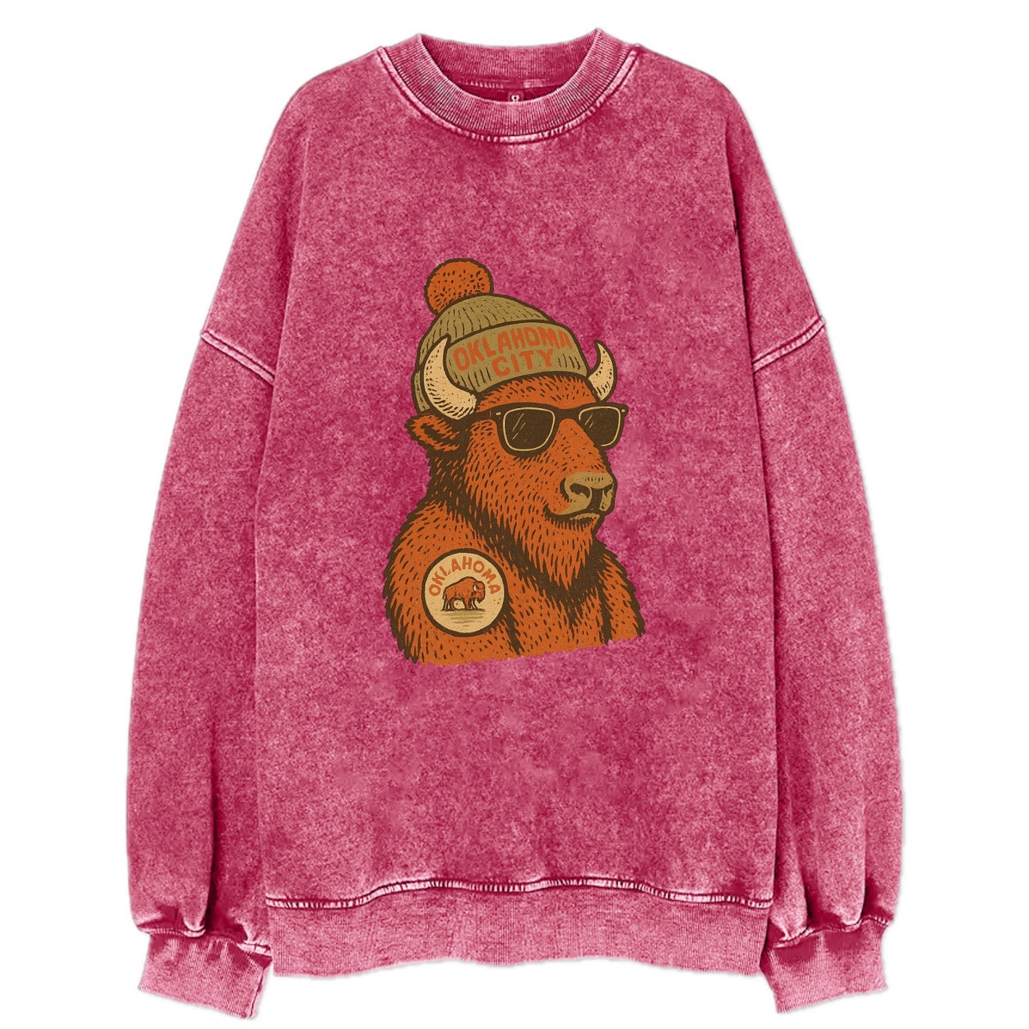 Oklahoma Buffalo wearing Oklahoma City beanie with pom pom and wayfarer - Vintage Sweatshirt - Pink