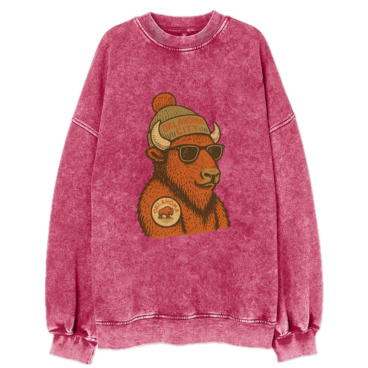Oklahoma Buffalo wearing Oklahoma City beanie with pom pom and wayfarer - Vintage Sweatshirt - Pink