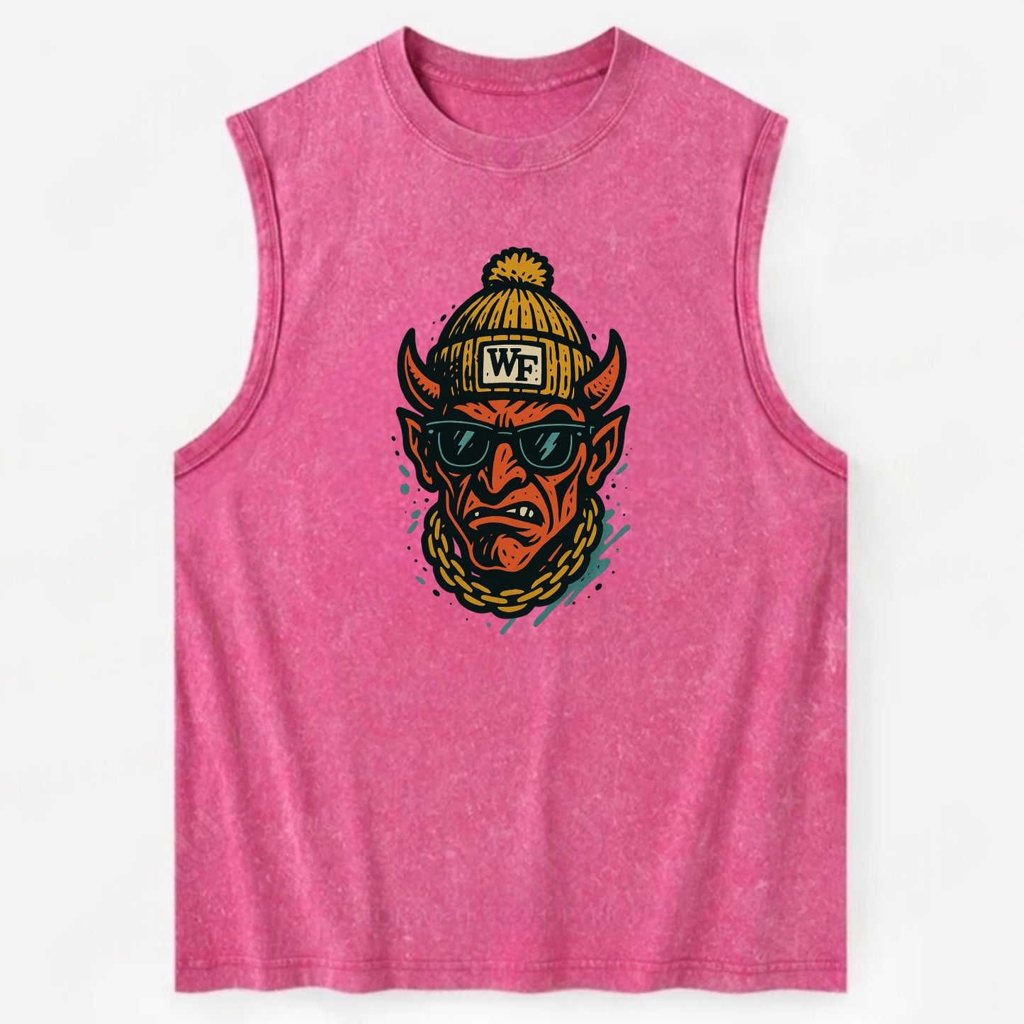 Winston-Salem Demon wearing Wake Forest beanie with WF patch - Vintage Washed Tank - Pink