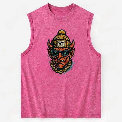 Winston-Salem Demon wearing Wake Forest beanie with WF patch - Vintage Washed Tank - Pink