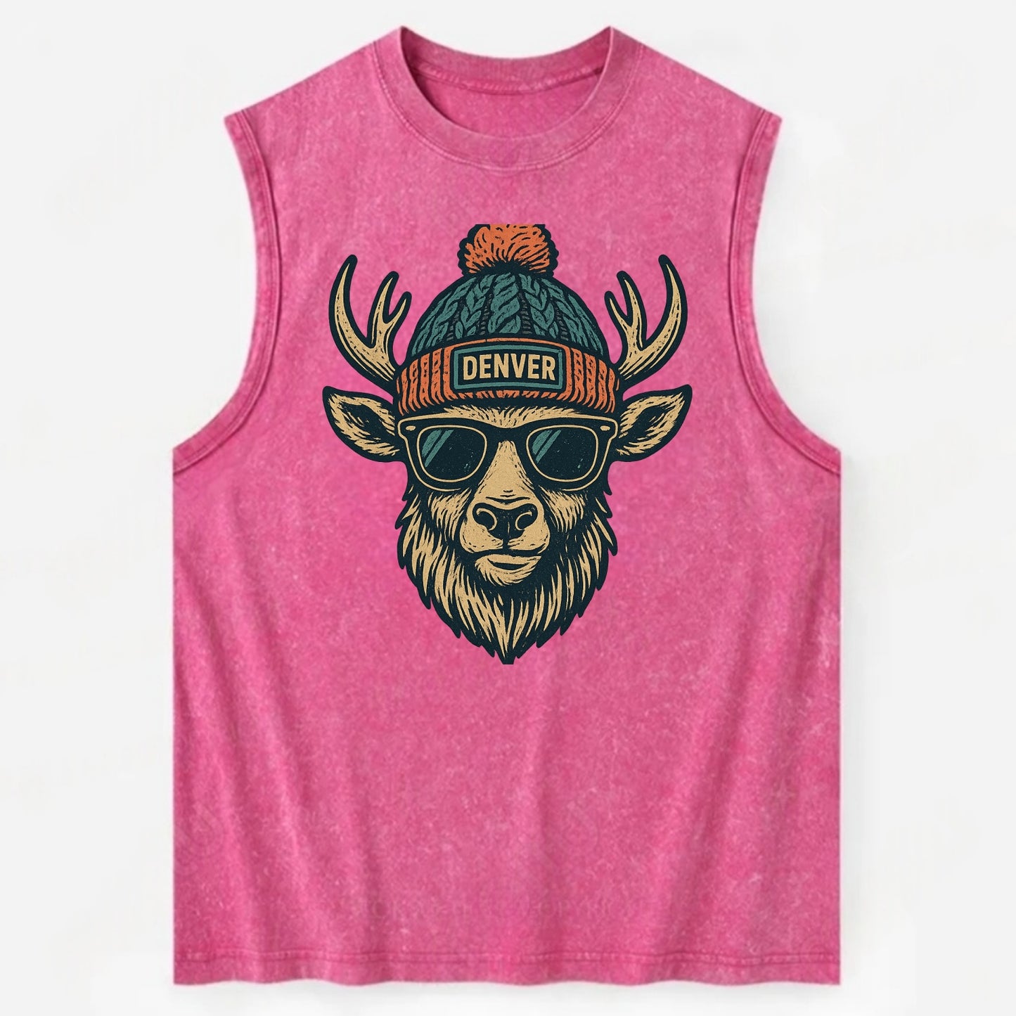 Denver Elk wearing Denver beanie with pom pom and wayfarer sunglasses - Vintage Washed Tank - Pink