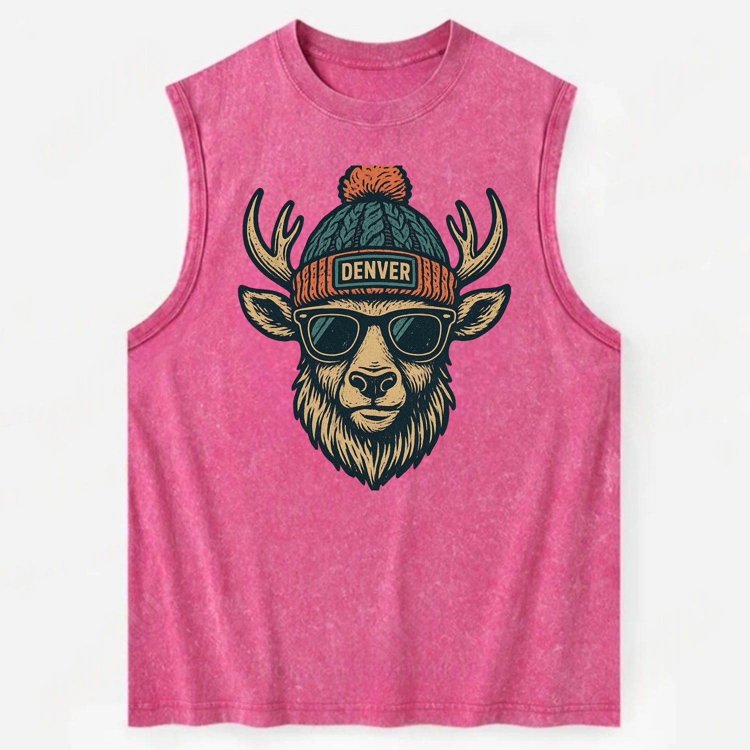 Denver Elk wearing Denver beanie with pom pom and wayfarer sunglasses - Vintage Washed Tank - Pink