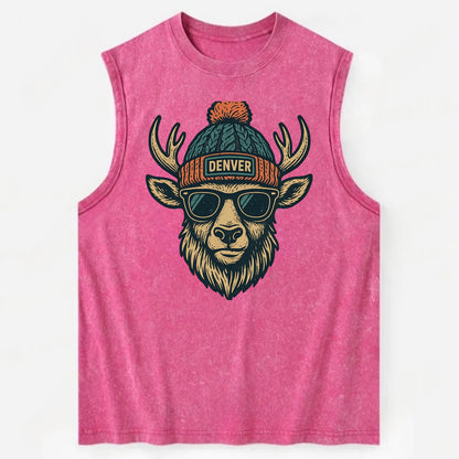 Denver Elk wearing Denver beanie with pom pom and wayfarer sunglasses - Vintage Washed Tank - Pink