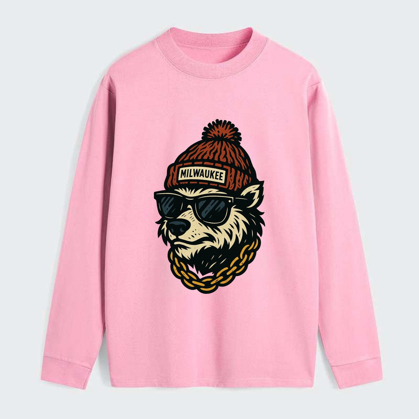 Milwaukee Badger wearing Milwaukee beanie with pom pom and wayfarer - Classic Long Sleeve Shirt - Pink