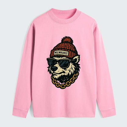 Milwaukee Badger wearing Milwaukee beanie with pom pom and wayfarer - Classic Long Sleeve Shirt - Pink