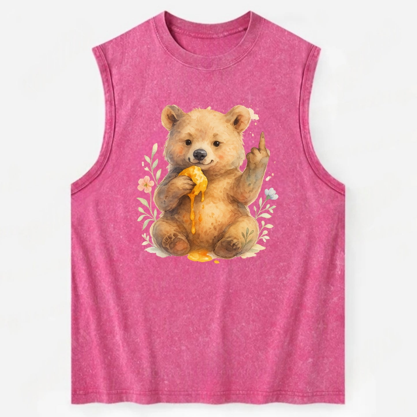 chubby bear cub eating dripping honey, sticky paw up with middle finger - Vintage Washed Tank - Pink