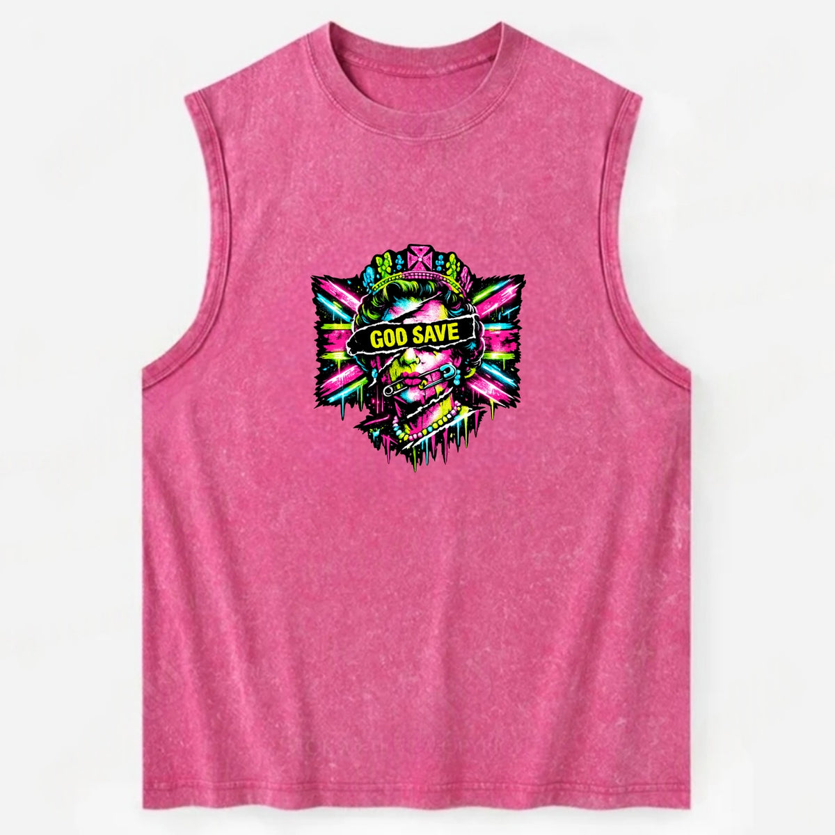 GOD SAVE | Torn royal portrait style | Blackout bar across eyes | Safety pin - Vintage Washed Tank - Pink