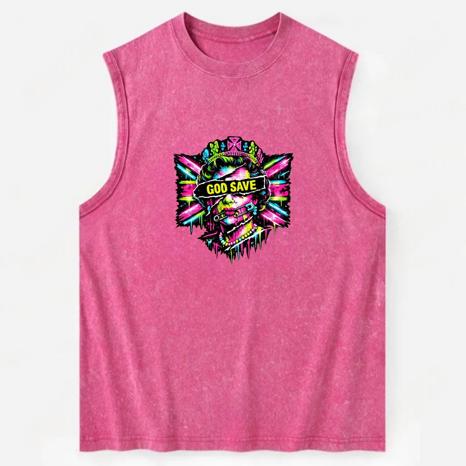GOD SAVE | Torn royal portrait style | Blackout bar across eyes | Safety pin - Vintage Washed Tank - Pink